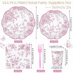 Kochorie 144 Pieces Pink Floral Paper Plates and Napkins Party Supplies - Image 2