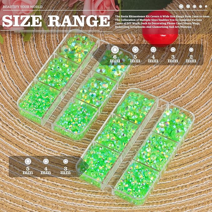 Resin Rhinestones Crafting, 2/3/4/5/6mm Flatback Jelly Rhinestones, 2 Boxes Transparent Grass Green AB Non Hotfix Crystal Gems for Bedazzling Crafts Mugs Tumblers Clothes Makeup Nail