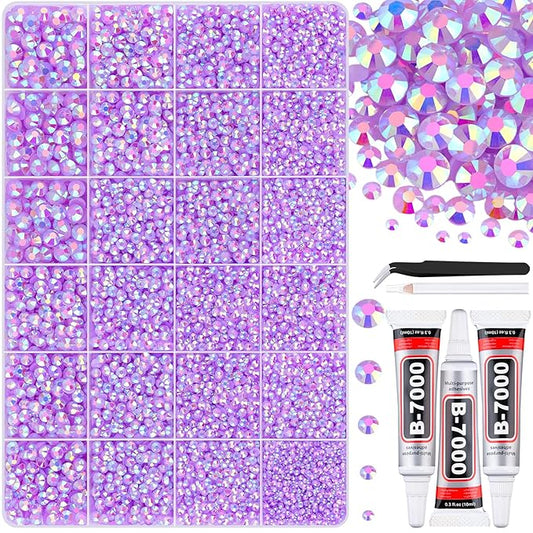 30000Pcs Resin Lavender Purple AB Rhinestones for Bedazzling Crafting with b7000 Jewelry Glue, Bulk Flatback Gems Bedazzler Kit for Crafts Clothes Fabric Nail Diamond Art, Assorted Size 2/3/4/5/6mm