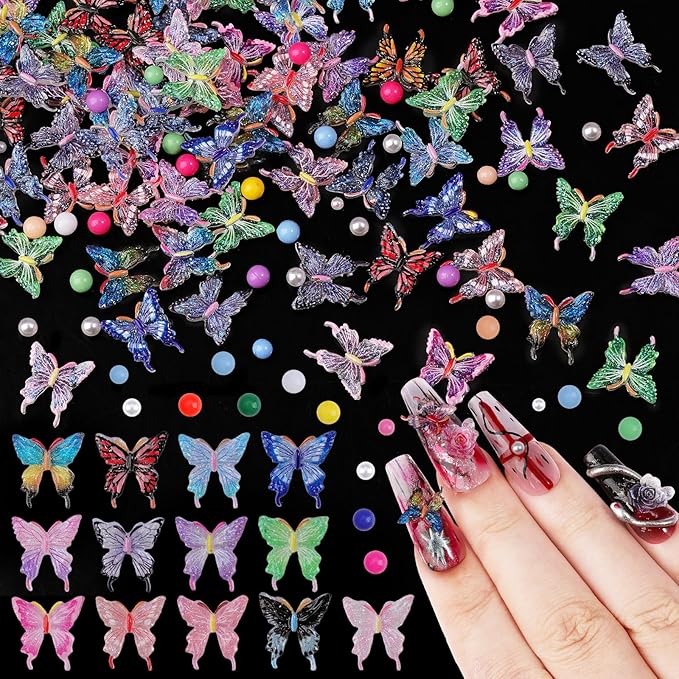 100Pcs Butterfly Nail Charms with 200Pcs Pearls, Colorful 3D Resin Nail Butterfly Charms, White & Macaron Rhinestones for Nail Art, DIY Crafts, Spring Summer Manicure Decoration for Women Girls