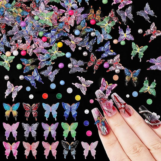 100Pcs Butterfly Nail Charms with 200Pcs Pearls, Colorful 3D Resin Nail Butterfly Charms, White & Macaron Rhinestones for Nail Art, DIY Crafts, Spring Summer Manicure Decoration for Women Girls