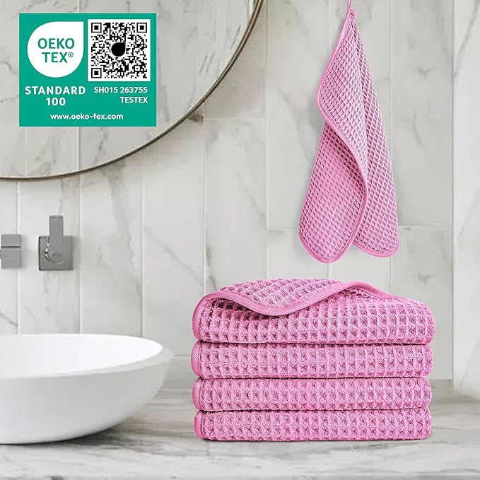 POLYTE Microfiber Lint Free Washcloth Face Towel, 13 x 13 in, 4 Pack (Waffle Weave)