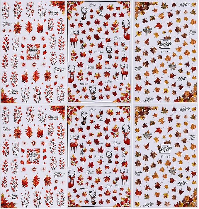 Fall Nail Stickers for Nail Art Maple Leaf Nail Decals 6PCS 3D Self-Adhesive Autumn Leaves Deer Pattern Design Stickers Decoration for Women DIY Holiday Party Nail Supplies Charms Accessories