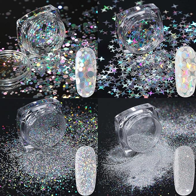 Holographic Nail Sequin Glitter Accessories Colorful 3D Glitter Flakes Nail Supply Acrylic Flakes Designs False Nails Manicure Tips Kit for fingernail toenail Nail Glitter Art Decorations (8 Boxes)
