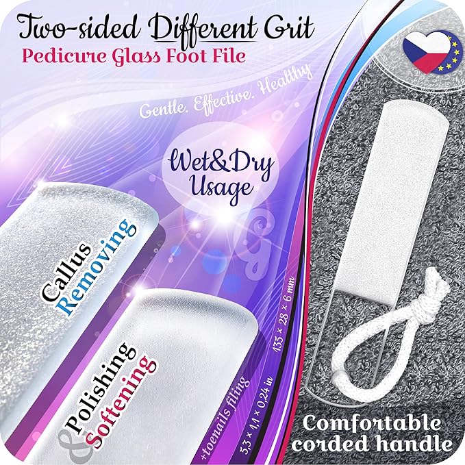 GLADZY Glass Nail File Set – Czech Crystal Nail Files for Natural Nails, Glass Foot File Callus Remover, Professional Manicure & Pedicure Kit for Fingernails & Toenails with Case and Towel, Made in EU