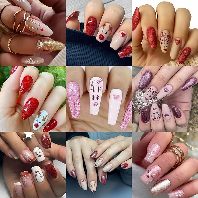 6 Sheets Christmas Glitter Elk Nail Art Stickers 3D Self-Adhesive White Snowflake Cute Reindeer Nail Design Red Pink Glitter Heart Nail Decor for Women Winter Xmas Holiday Manicure DIY Nail Supplies