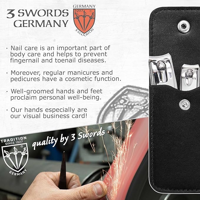 3 Swords Germany – Brand Quality fingernail & toenail Clipper, Manicure, Pedicure Nail Care by with Metal Nail File and case, Silver Color Edition