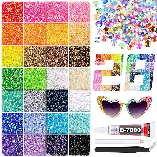 32000Pcs Resin Rhinestones with B7000 Jewelry Glue for Crafting, Multicolors 3mm Non Hotfix Flatback Gems, Bedazzling Crystal for DIY Crafts Clothing Tumblers Mugs Shoes Fabric Decor Nail Art