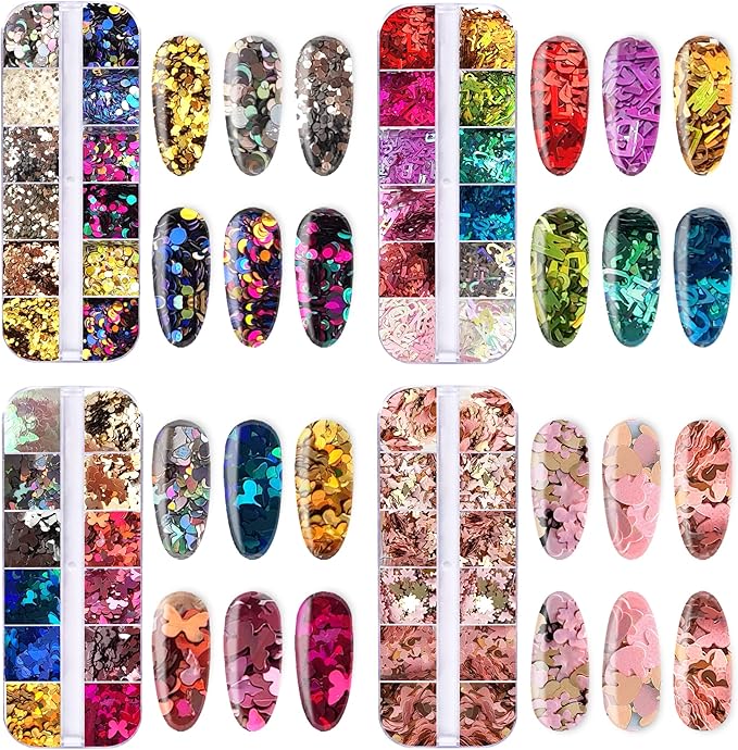 AddFavor 4 Boxes Nail Glitter Sequins Kit Mixed Shape Holographic Butterfly Flower Round Heart Nail Art Flakes for Women Body/Face/Hair/Acrylic Nails Decoration Designs Accessories