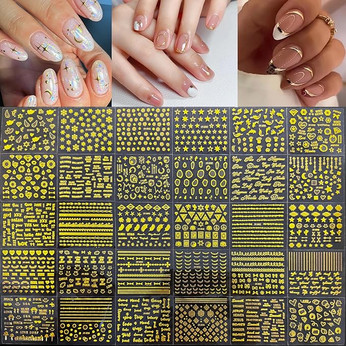 90Sheets Nail Stickers for Nail Art Decals White Flower Gold Aurora Star Moon Heart Line Nail Art Designs 3D Self-Adhesive Nails Supplies with Nail Tweezer for Women Girls Nails Decoration