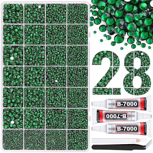 30000Pcs Resin Rhinestones for Bedazzling with 3Pcs B7000 Jewelry Glue, Emerald Green Flatback Gems Rhinestones for Crafting, Clothing Tumblers Mugs Shoes Fabric Decor Nail Art