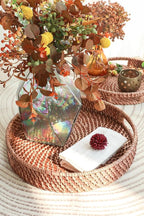 HITOMEN 14.2" Hand-Woven Round Rattan Serving Tray Decorative Ottoman Wicker - Image 2