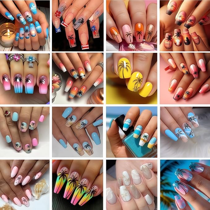 8 Sheets Tropical Palm Tree Nail Art Stickers Coconut Trees Decals Multi-Color Holographic Gradient Design with Birds and Moon Summer Beach Theme Sliders for Women Manicure Decorations