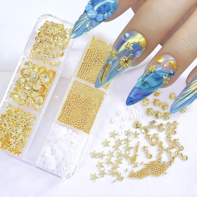 2 Boxes Summer Shell Nail Art Charms 3D Metal Mixed Shapes Gold Shell Seahorse Starfish Conch Alloy Nail Rivets with Flatback Pearls Nail Charms Summer Ocean Theme DIY Crafts Manicure Decoration