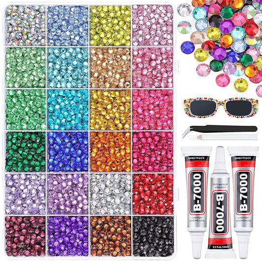 6600Pcs Resin Rhinestones for Bedazzling with 3Pcs B7000 Jewelry Glue, Multicolor 5mm Flatback Gems Rhinestones for Crafting, Clothing Tumblers Mugs Shoes Fabric Decor Nail Art