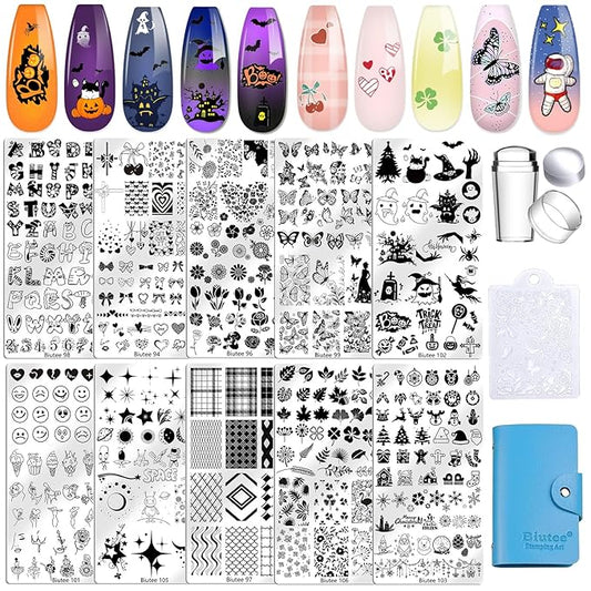 Biutee 10PCS Nail Art Stamping Plates Set Nail Stamper Kit with Nail Stamper Scraper and Storage Bag, Nail Stamp Plate Halloween Christmas Butterfly Starry Sky Flower Design Nail Stamping Kit