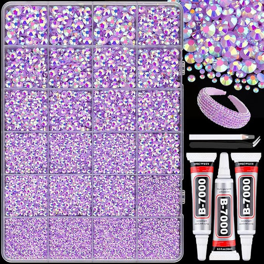 25000Pcs Resin Rhinestones with B7000 Jewelry Glue for Crafting, Lavender Purple AB 2-6mm Non Hotfix Flatback Gems, Bedazzling Crystal for DIY Crafts Clothing Tumblers Mugs Shoes Fabric Decor Nail Art