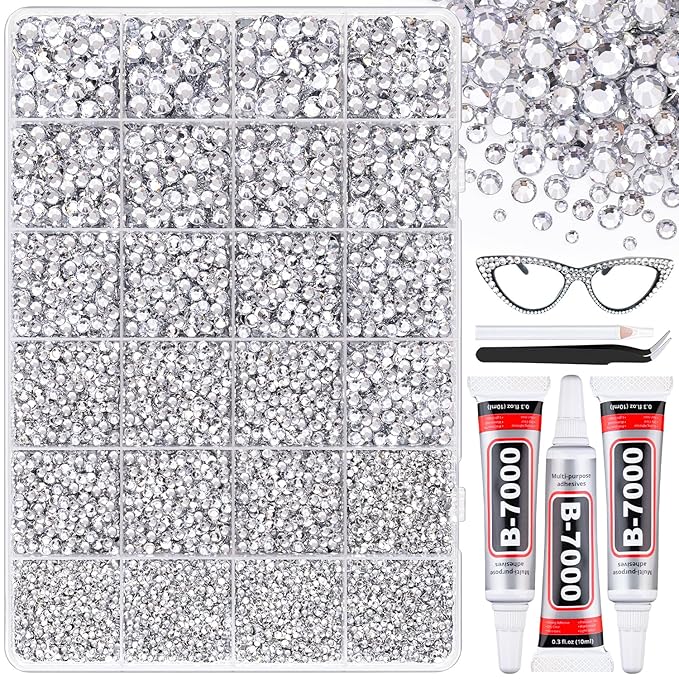 30000Pcs Resin Silver Clear Rhinestones with B7000 Jewelry Glue for Bedazzling Crafting, 2-6mm Flatback Gems, Bedazzler Kit for Crafts Clothing Tumblers Shoes Decor Nail Art