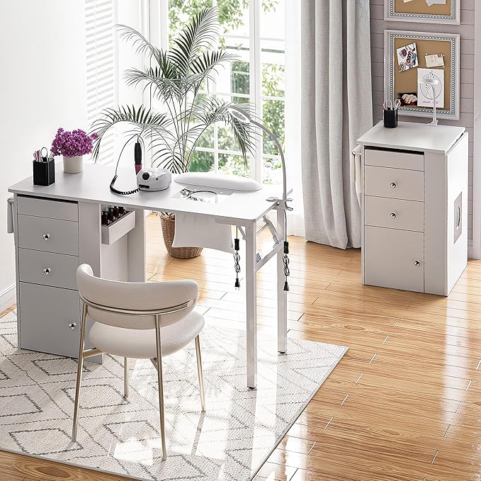 Foldable Nail Table with Dust Collector, Manicure Desk for Nail Tech, with LED Lamp, Wrist Rest, Rolling Nail Table for Salon, Home Beauty Workstation, Compact Nail Station with Storage (White)