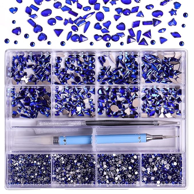 3320Pcs Sapphire Nail Art Rhinestones Crystal,3D Rhinestones Gems Jewels Diamond,24 Types of 320 Diamonds + 3000 Round Beads, Crystals 3D Flat Back Gemstones for Nail DIY Crafts with Tweezers Pen