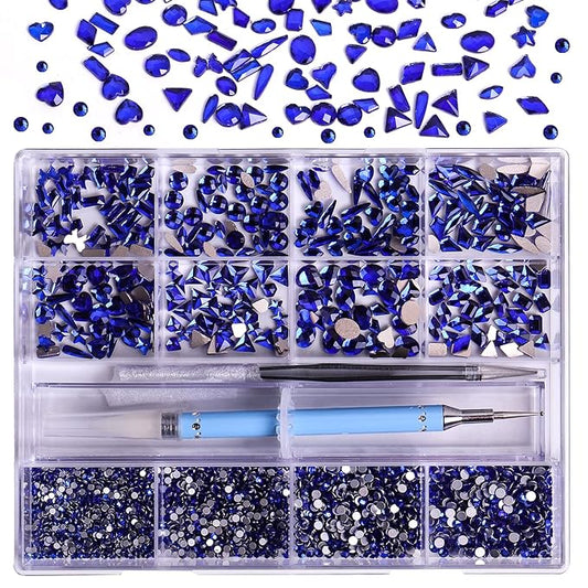 3320Pcs Sapphire Nail Art Rhinestones Crystal,3D Rhinestones Gems Jewels Diamond,24 Types of 320 Diamonds + 3000 Round Beads, Crystals 3D Flat Back Gemstones for Nail DIY Crafts with Tweezers Pen