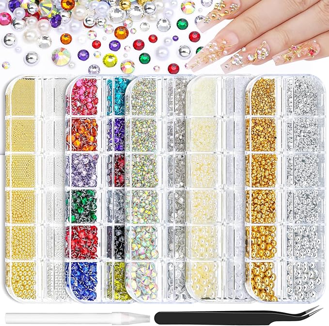 5 Boxes Nail Gems Kit - Flatback Rhinestones and Half Pearls & Nail Beads for Acrylic Nails, Colorful Rhinestones Crystal AB Clear Gemstones Silver/Gold Caviar Beads with Pickup Tools (23-S4-Beads)
