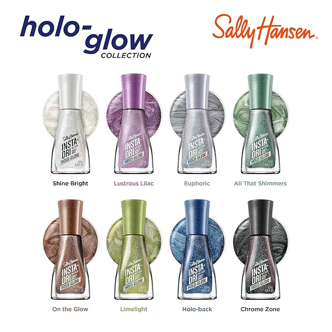 Sally Hansen Insta-Dri Holo-Glow Nail Polish | Quick Dry, Long Lasting, Streak-Free Shine | Semi-Opaque, Shimmer | 101 Shine Bright | Holographic Light Grey Nail Color