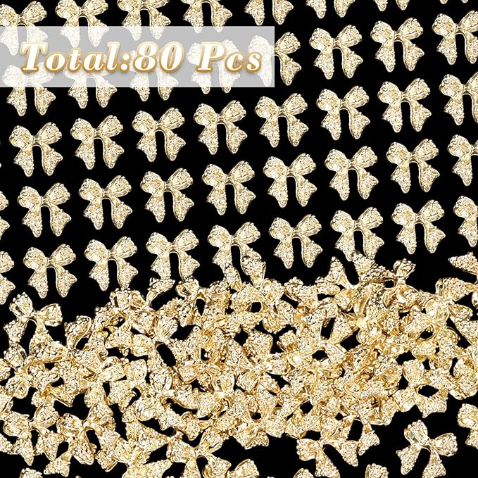 80 Pcs Gold 3D Bow Metal Nail Charm, Luxury Shiny Bows Nail Jewelry Charms for Alloy Nails, DIY Crafts