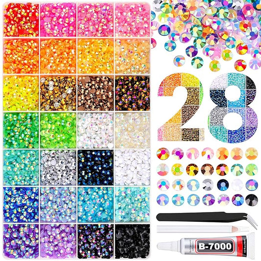 8500Pcs Resin Rhinestones with Tweezers for Crafting, Mixed-Color 5mm Bedazzling Crystal with 1Pcs 10ml B7000 Jewelry Glue for DIY Crafts Clothing Tumblers Shoes Fabric Nail Art