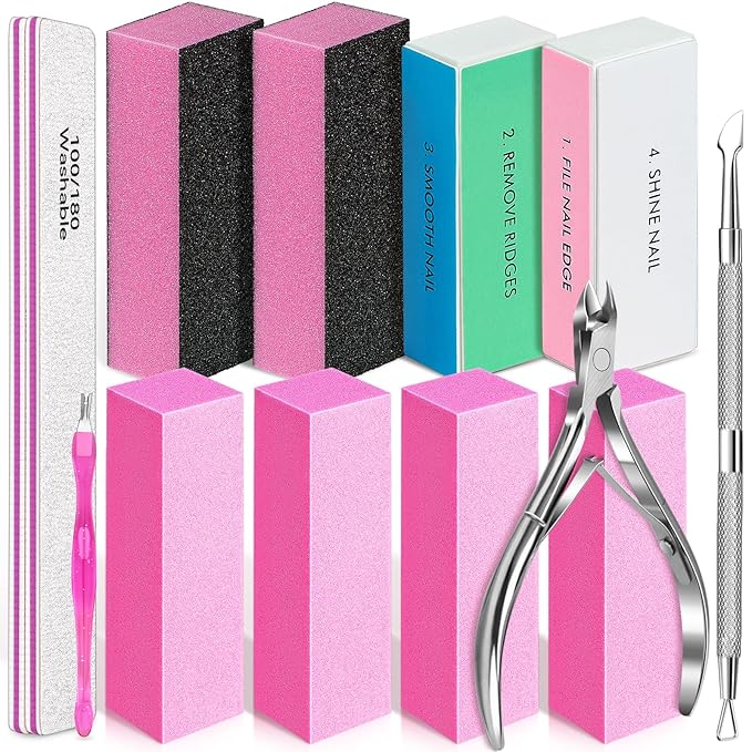 TsMADDTs Nail Files and Buffers, 13PCS Nail Kit with 3-Way Sanding Block, 4-Way Buffing Block, 100/180 Files, Cuticle Nippers & Cuticle Pusher