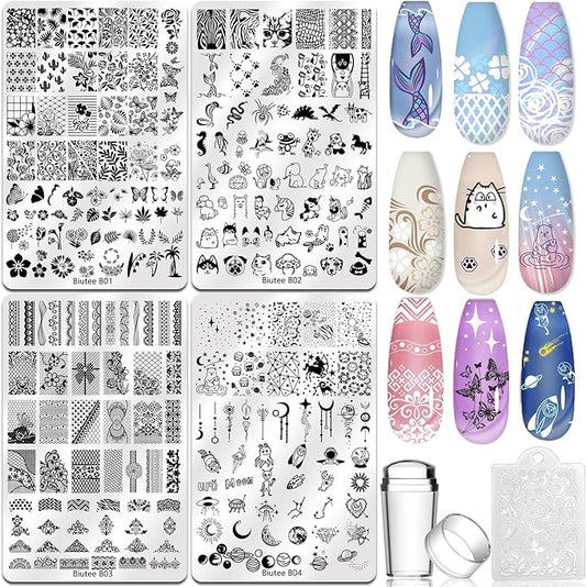 Biutee 4PCS Nail Stamping Plates Set, Includes Nail Art Stamper & Scraper - French Line Lace, Space, Animal, Flower, Leaf Designs - Large Nail Art Stencils Templates for DIY Manicure