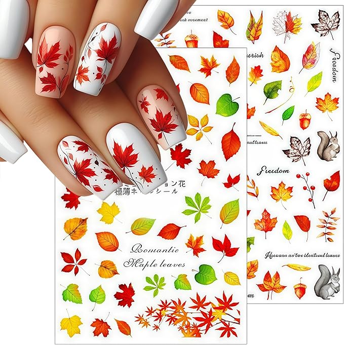 8 Autumn Maple Leaf Nail Art Stickers 3D Self-Adhesive Golden Maple Leaf Ginkgo Leaf Squirrel Cute Nail Decal Designs Women Girls Thanksgiving Nail Art Decoration Supplies