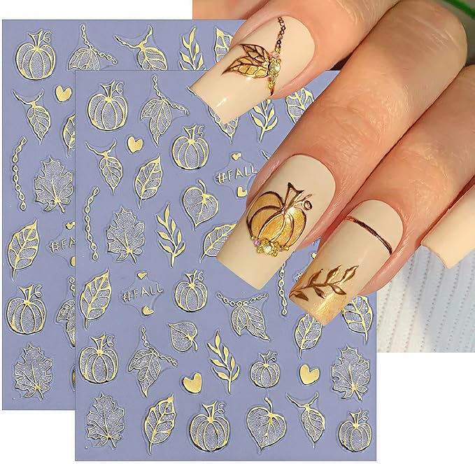 8 Sheets Halloween Nail Stickers 3D Self-Adhesive Glitter Pumpkin Ghost Black Leaf Nail Decals Gold Silver Pumpkin Spider Web Bat Design Nail Stickers for Halloween Party DIY Manicure Kit Decoration