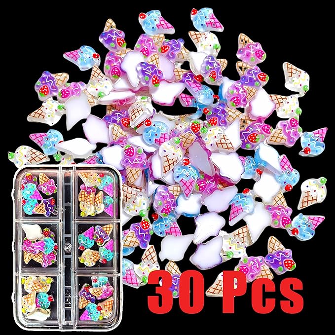 1 Box Kawaii Nail Charms Cartoon Ice Cream Nail Rhinestones 3D Flat Back Stones Summer Nail Gems Strawberry Head Ice Cream Rhinestones for Nails Mini Glass Gems Jewelry for Crafts Nail Accessories