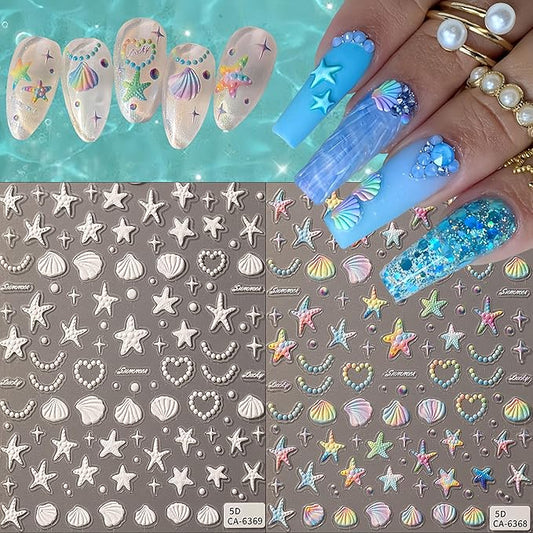 2 Sheets 5D Embossed Seashell Starfish Nail Art Stickers Summer Ocean Nail Stickers Colorful Fantasy Ocean Nail Stickers Shell Pearl Jelly Star Starfish Nail Supplies for Women Nail Decorations
