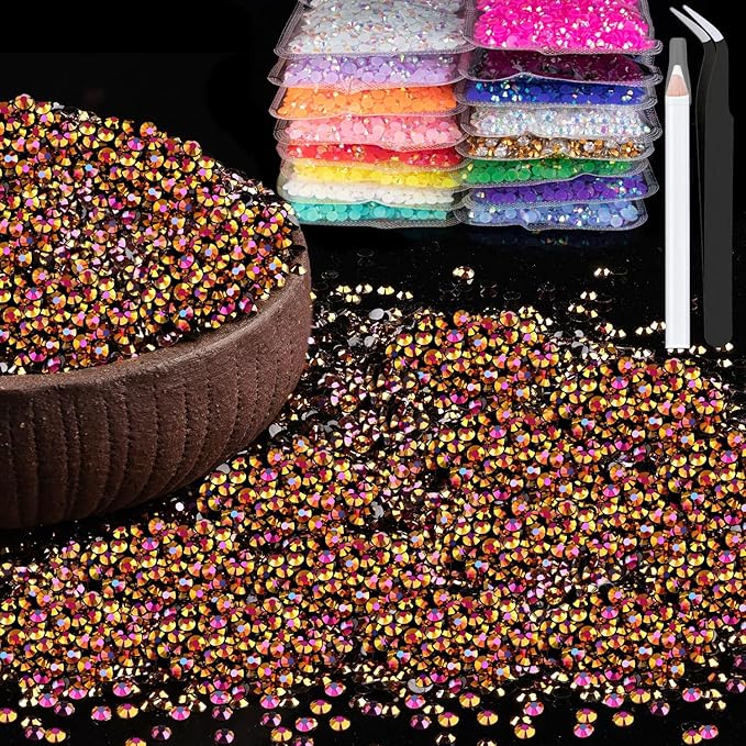 15000pcs 2mm Resin Rhinestones Bulk, Gold Rose AB Flatback Round Jelly Rhinestones Non Hotfix Crystal Gems Large Quantity Wholesale for DIY Crafts Clothes Bottles Face Makeup Manicure