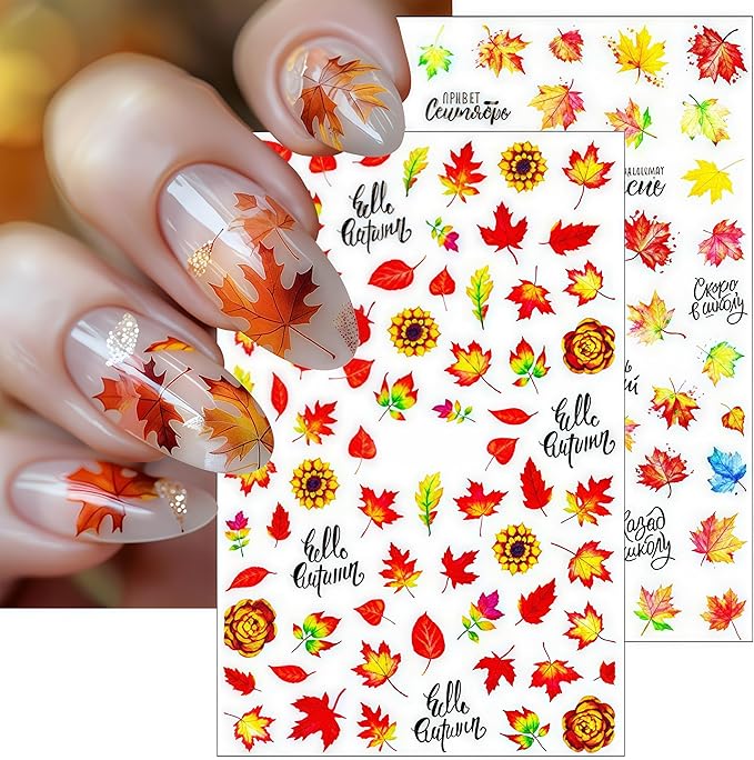 8 Autumn Maple Leaf Nail Art Stickers 3D Self-Adhesive Golden Maple Leaf Ginkgo Leaf Squirrel Cute Nail Decal Designs Women Girls Thanksgiving Nail Art Decoration Supplies