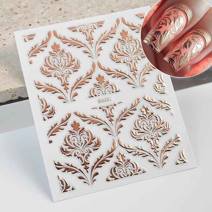 30 Sheets Lace Flower Nail Art Sticker 3D Self-Adhesive Hollow Rose Golden Lace Floral Vine Decals Irregular Geometric Manicure Sliders for Spring Summer Women Acrylic Nail Decorations