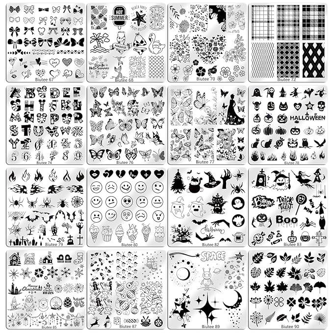 Biutee Nail Stamping Plates Set 16PCS Nail Stamper Kit with Nail Stamper, Scraper & Storage Bag Nail Art Stamping Plates Halloween Christmas Butterfly Star Flower Leaf Bowknot Design Nail Stamping Kit