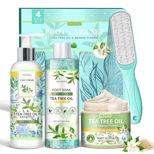 LUCOTIYA Tea Tree & Orange Flower Foot Soak Set - Salts, Foot File, Scrub & Urea Cream Pedicure Supplies for Dry, Cracked Feet - Foot Spa Pedicure Kit for Women Men
