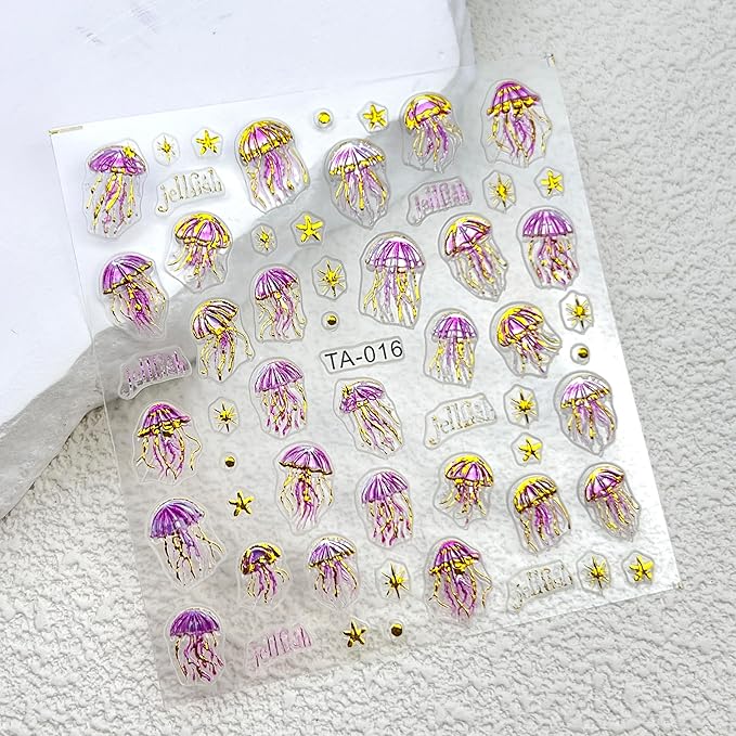 2 Sheets Summer Nail Art Stickers 5D Embossed Beach Shell Starfish Cute Dolphin Mermaid Pearl Jellyfish Designs Self Adhesive Nails Supplies Blue Summer Sea Theme Manicure Decorations for Women