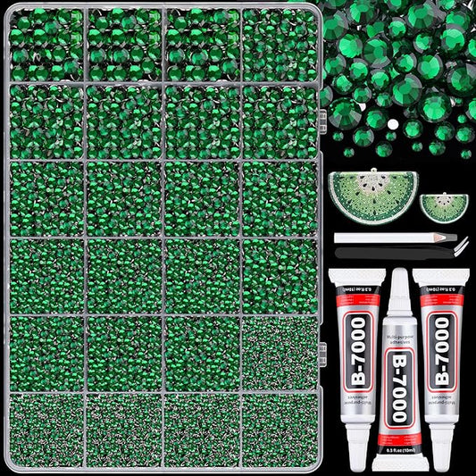 25000Pcs Resin Rhinestones with B7000 Jewelry Glue for Crafting, Dark Green 2-6mm Non Hotfix Flatback Gems, Bedazzling Crystal for DIY Crafts Clothing Tumblers Mugs Shoes Fabric Decor Nail Art