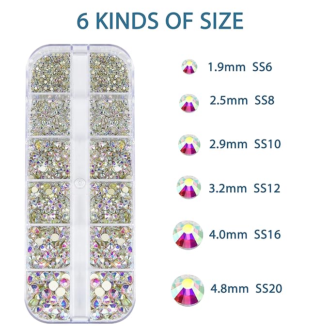 HUETFAT 2400 Pieces Flat Back Gems Round Crystal AB Rhinestones 6 Sizes (1.9-4.5 mm) with Storage Organizer Box Wax Pencil Tweezers for Nail Art Clothes Shoes Bags Crafts DIY （Crystal AB）