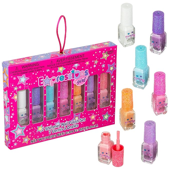 EXPRESSIONS 7pc Shimmer Nail Polish Set - Glitter Cap, Safe & Non-Toxic Nail Polish Kit for Girls & Teens