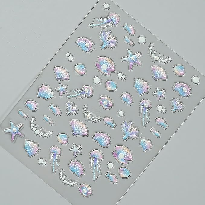 1 Sheets Embossed Shell Starfish Nail Art Stickers 5D Self Adhesive Summer Marine Life Fishtail Pearl Decals for Women Girls Manicure DIY Decorations Exquisite Cardboard Set