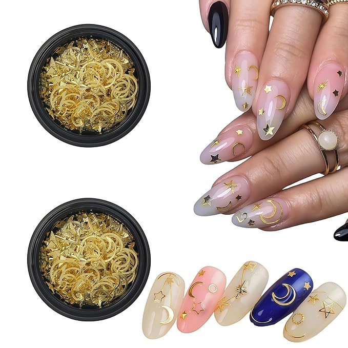 Hollow Moon Star Nail Art Ornaments Glitter Rhinestone Gold Mixed Metal Star Decorations for Women Girls DIY Nail Art Accessories 2 Boxes