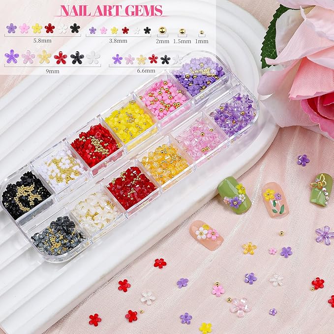2 Boxes Colorful Flower Nail Charms and Gems, Pink/White/Purple Nail Flower Charms Metal Butterfly Clear Rhinestones Gemstones Silver Caviar Beads White Flatback Pearls with Nail Chain (4-S2-Mixed1)