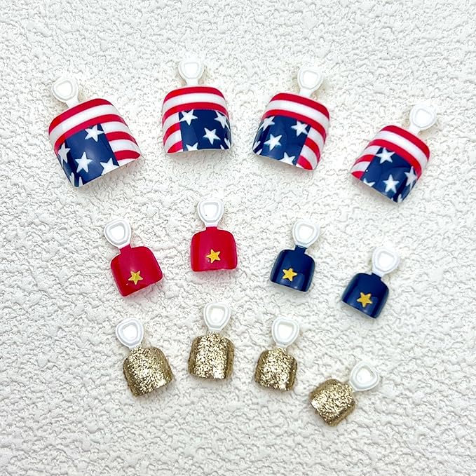 Fourth of July American Flag Press-On Toenails Short Square False Toenails Independence Day Glitter Full Coverage False Toenail Stickers Women Girls Independence Day Nail Art Decorations 24 Pieces