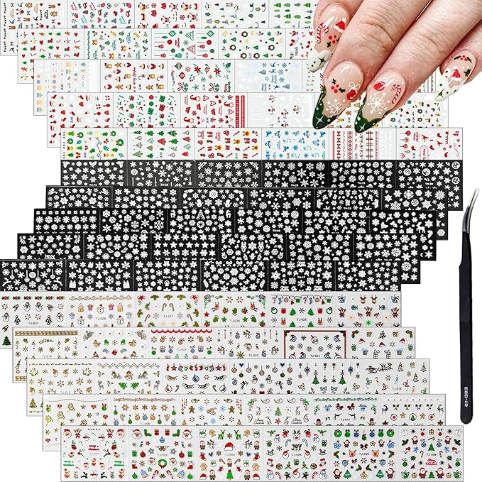 90 Sheets 3D Self Adhesive Nail Decals - Santa Claus, Christmas Tree, Snowflake Nail Art Stickers - Cute Christmas Nail Art Supplies for Women Manicure Decorations