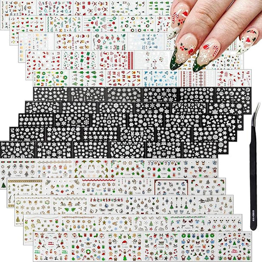 90 Sheets 3D Self Adhesive Nail Decals - Santa Claus, Christmas Tree, Snowflake Nail Art Stickers - Cute Christmas Nail Art Supplies for Women Manicure Decorations